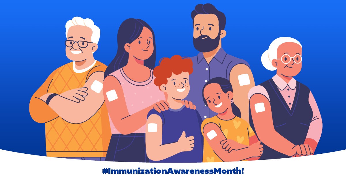 Graphic of diverse group with bandages from receiving immunizations